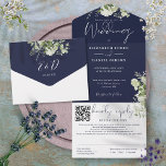 Navy Blue Greenery Monogram QR Code Wedding All In One Invitation<br><div class="desc">All in one navy blue wedding invitation featuring botanical greenery,  rustic leaves and elegant typography. The invitation includes a perforated RSVP card with your wedding website QR code and details. Designed by Thisisnotme©</div>