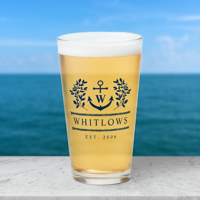 Navy Blue Greenery Nautical Monogram Lake House Glass (Creator Uploaded)