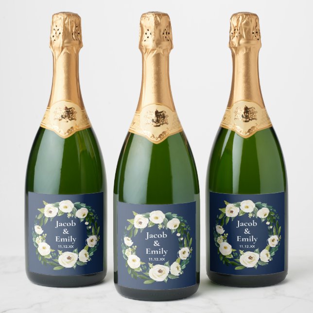 Navy Blue Greenery Personalised Names Date Wedding Sparkling Wine Label (Bottles)