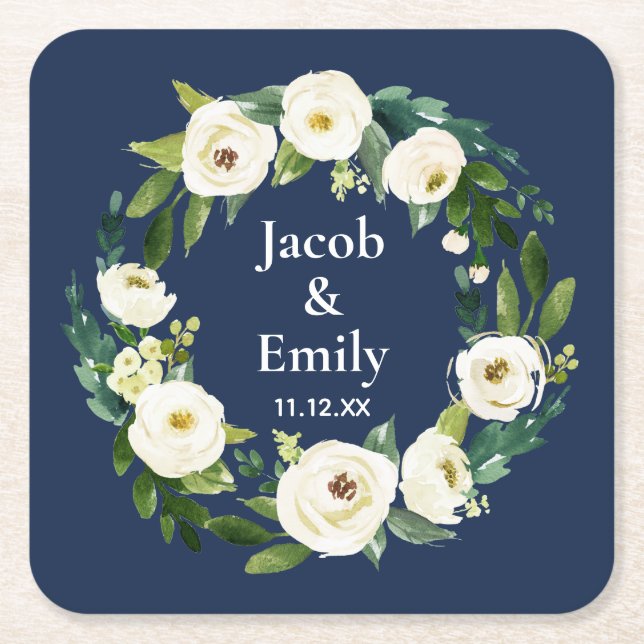 Navy Blue Greenery Personalised Names Date Wedding Square Paper Coaster (Front)