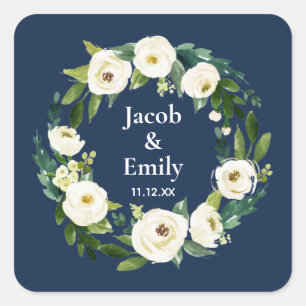Navy Blue Greenery Personalised Names Date Wedding Square Sticker