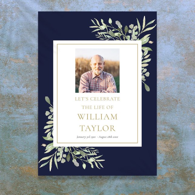 Navy Blue Greenery Photo Celebration of Life Sign (Navy Blue Greenery Photo Celebration of Life Sign)