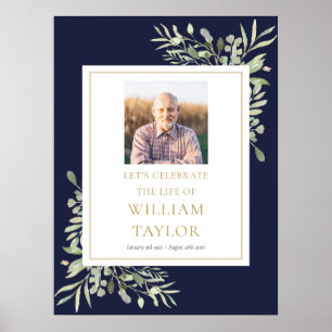 Navy Blue Greenery Photo Celebration of Life Sign