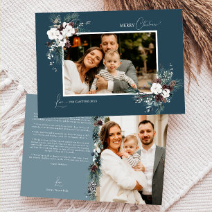 Navy Blue Greenery Vintage Christmas Two Picture Holiday Card