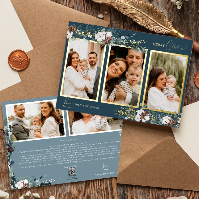 Navy Blue Greenery Vintage Five Photo Collage (Creator Uploaded)