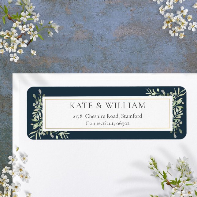 Navy Blue Greenery Watercolor Foliage Address (Modern Deep Sea Blue Greenery Watercolor Address Label)
