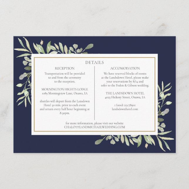 Navy Blue Greenery Wedding Details Information Enclosure Card (Front)