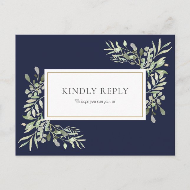Navy Blue Greenery Wedding RSVP Postcard (Front)