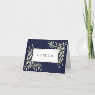 Navy Blue Greenery Wedding Thank You Card