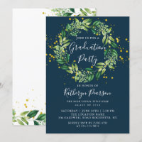Navy Blue Greenery Wreath Gold Glitter Graduation 
