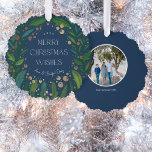 Navy Blue Greenery Wreath Merry Christmas<br><div class="desc">Rich navy blue makes an elegant backdrop for intertwined boughs of leafy branches that encircle a message of "merry Christmas wishes" accented by faux foil berries and stars. Personalise this card with your name,  the year,  a custom message and your photo on the reverse.</div>