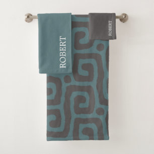 Navy blue &Grey Abstract monogram Name Bath Towel Set