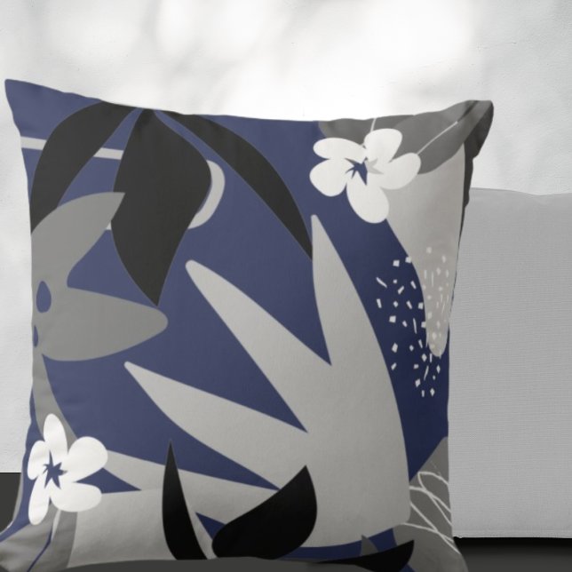 Navy Blue & Grey Artistic Abstract Floral Pattern Cushion (Creator Uploaded)