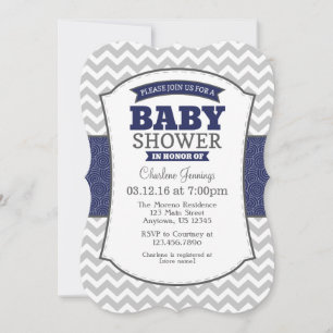 Navy Blue Grey Chevron Baby Shower Invitation