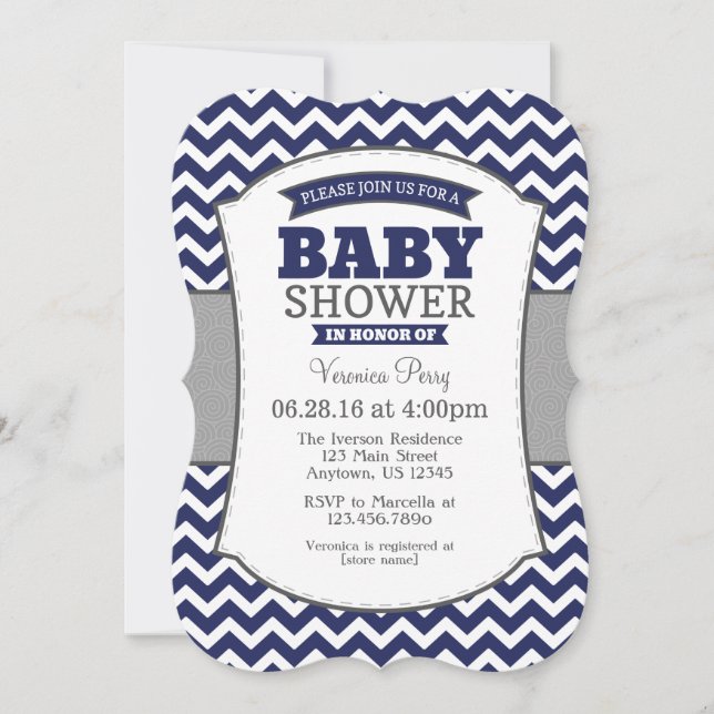 Navy Blue Grey Chevron Baby Shower Invitation (Front)