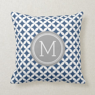 Navy Blue Grey Circles Monogram Decorative Pillow