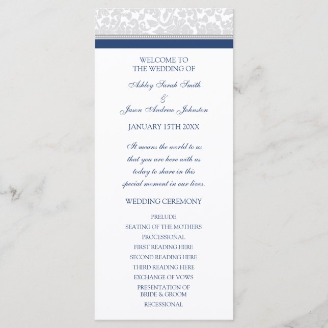 Navy Blue Grey Damask Wedding Program Programme (Front)