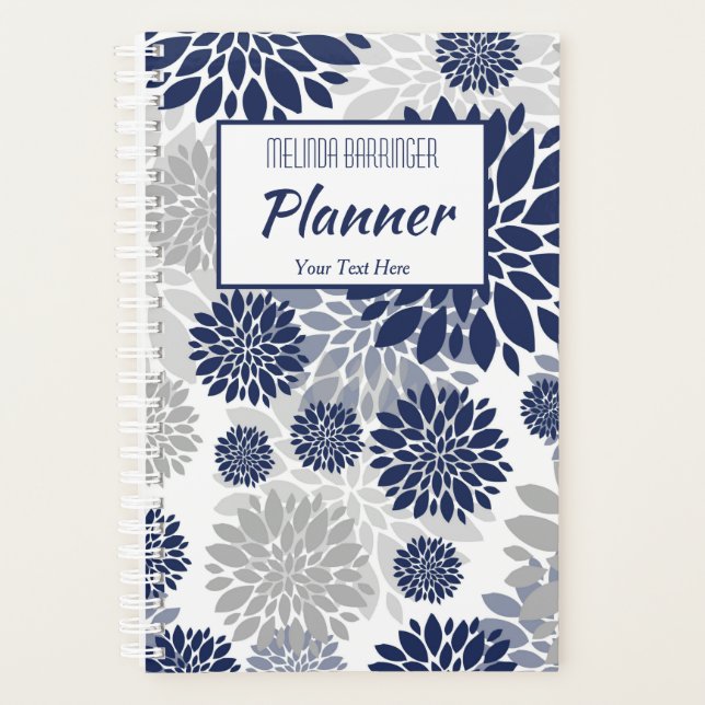 Navy Blue Grey Floral Monogram Planner (Front)