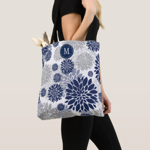 Navy Blue Grey Floral Monogram Tote Bag
