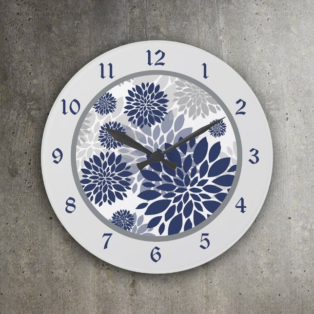 Navy Blue Grey Flower Graphic Large Clock (Creator Uploaded)