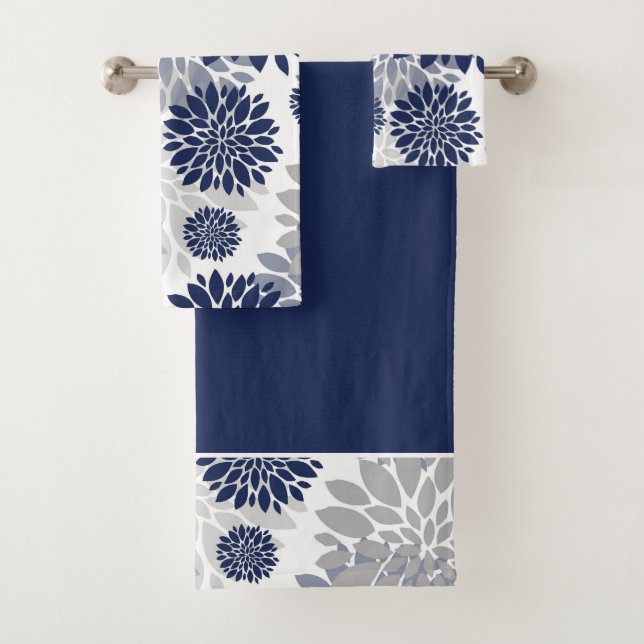 Navy Blue Grey Flower Graphic Pattern Bath Towel Set (Insitu)