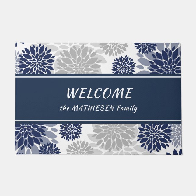 Navy Blue Grey Flower Graphic Pattern Doormat (Front)