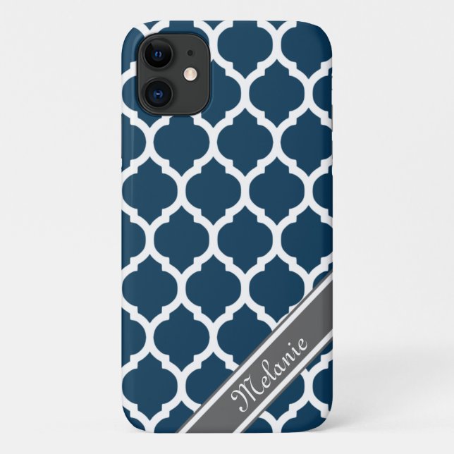 Navy Blue & Grey Lattice Custom Name Case-Mate iPhone Case (Back)