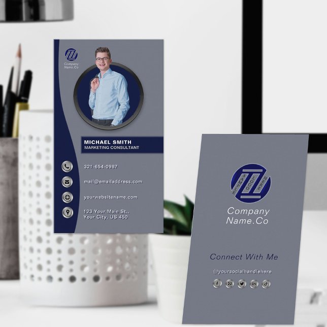 Navy Blue Grey Minimal Display Photo Professional Business Card (Creator Uploaded)