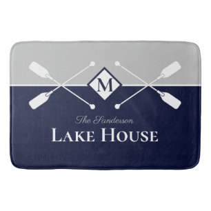 Navy Blue Grey Monogram Paddle Lake House  Bath Mat
