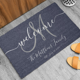Navy Blue Grey Monogram Script Newlweds Wedding Doormat