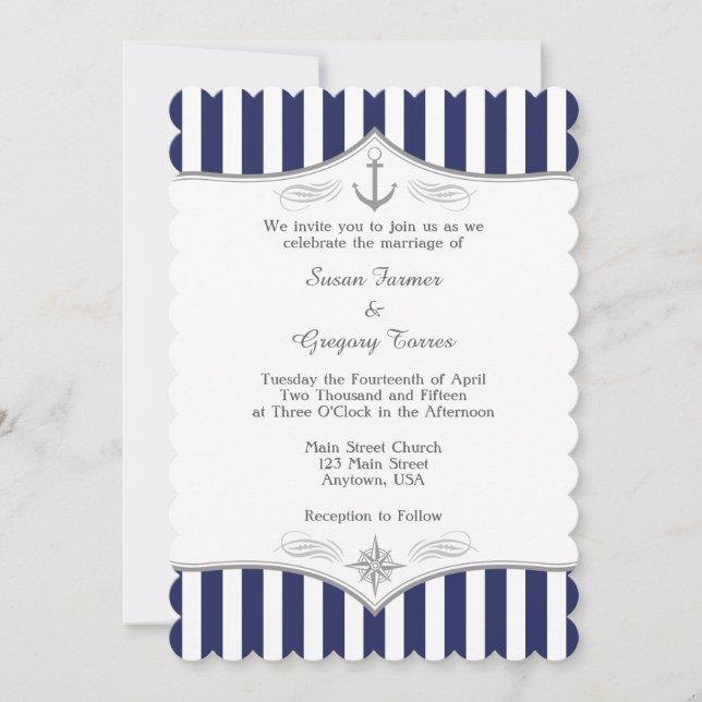 Navy Blue Grey Nautical Wedding Invitation (Front)