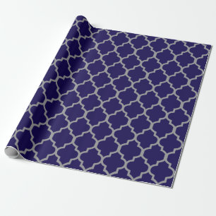 Navy Blue, Grey Quatrefoil Custom Background Wrapping Paper