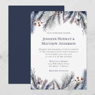 Navy, Blue Grey, Rusty Brown Winter Botanical Invitation