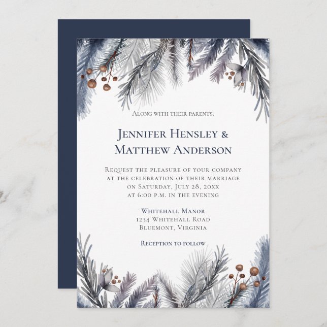Navy, Blue Grey, Rusty Brown Winter Botanical Invitation (Front/Back)