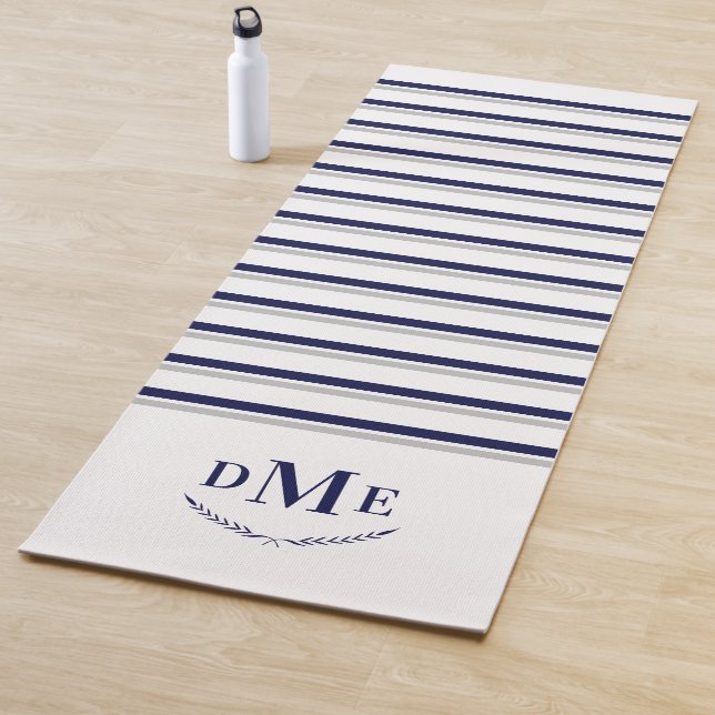Navy Blue Grey Stripes Classic Monogram Exercise Yoga Mat (In Situ)