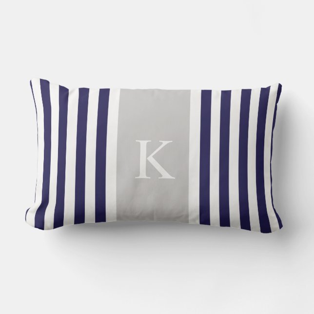Navy Blue Grey Stripes Monogram Lumbar Cushion (Front)