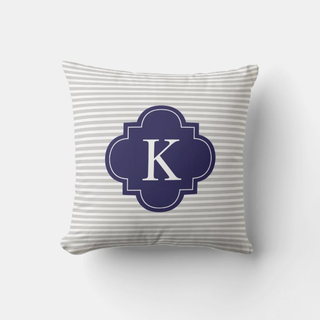 Navy Blue Grey Stripes Quatrefoil Monogram Cushion (Front)