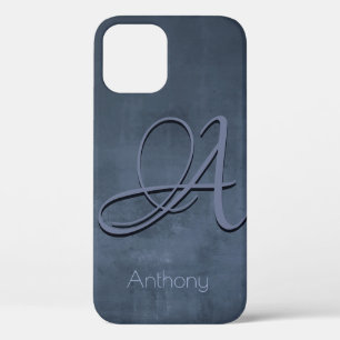 Navy Blue Grey stylish rustic Name Monogram iPhone 12 Case