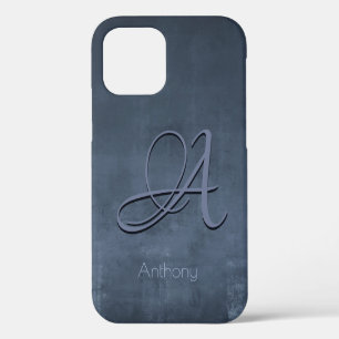 Navy Blue Grey stylish rustic Name Monogram iPhone 12 Case