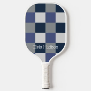 Navy Blue Grey White Chequerboard Personalised Pickleball Paddle
