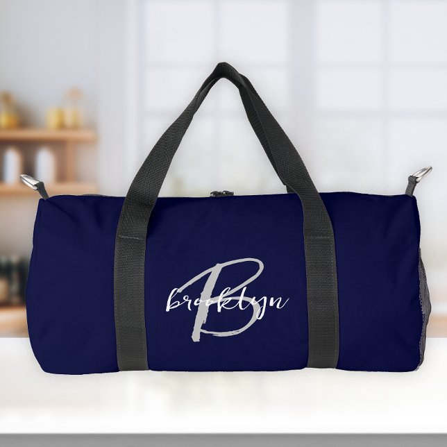 Navy Blue Grey White Script Monogram  Duffle Bag (Creator Uploaded)