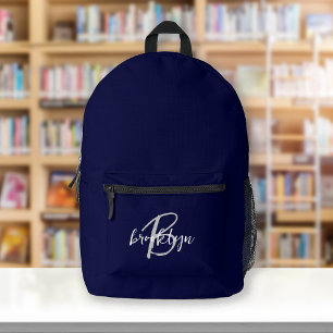 Navy Blue Grey White Script Monogram Printed Backpack
