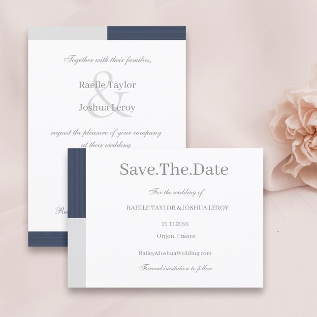 Navy Blue Grey White Stripes Save The Date Invitation (Creator Uploaded)