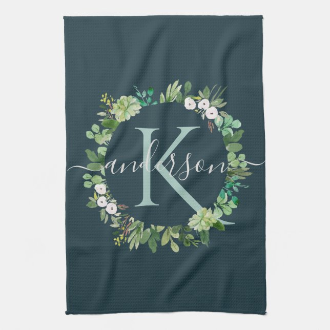 NAVY BLUE GREY WREATH FOLIAGE WATERCOLOR MONOGRAM TEA TOWEL (Vertical)