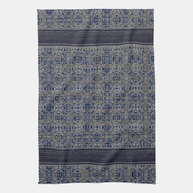 Navy Blue & Grey X's and O's Pattern Tea Towel (Vertical)