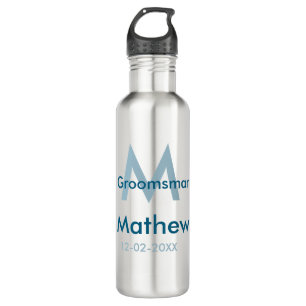 Navy blue groomsman name letter date masculine per 710 ml water bottle