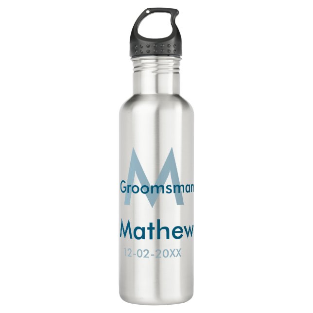 Navy blue groomsman name letter date masculine per 710 ml water bottle (Front)