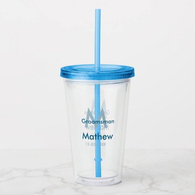 Navy blue groomsman name letter date masculine per acrylic tumbler (Front)