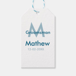 Navy blue groomsman name letter date masculine per gift tags
