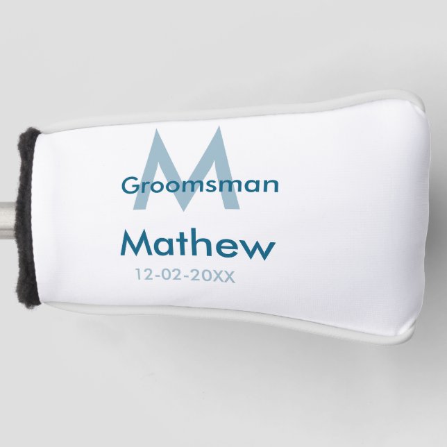 Navy blue groomsman name letter date masculine per golf head cover (Front)